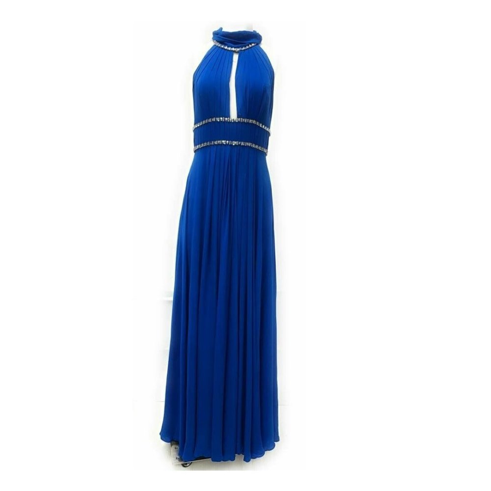Jenny Packman Silk Chiffon Pleated Keyhole Halter Jeweled Gown - Size 6 - Cobalt